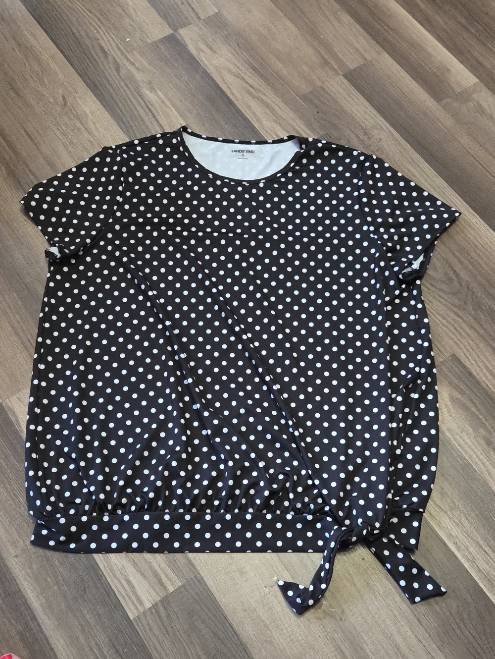 Lands' End Black Polka Dot Short Sleeve Poly Side Tie Top 1X